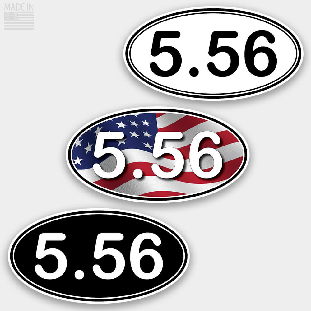 American Made Rifle Caliber Marathon Style Oval Stickers in Black with White Text, White with Black Text, and Red White and Blue American Flag with White Text for cars and trucks in 5.56