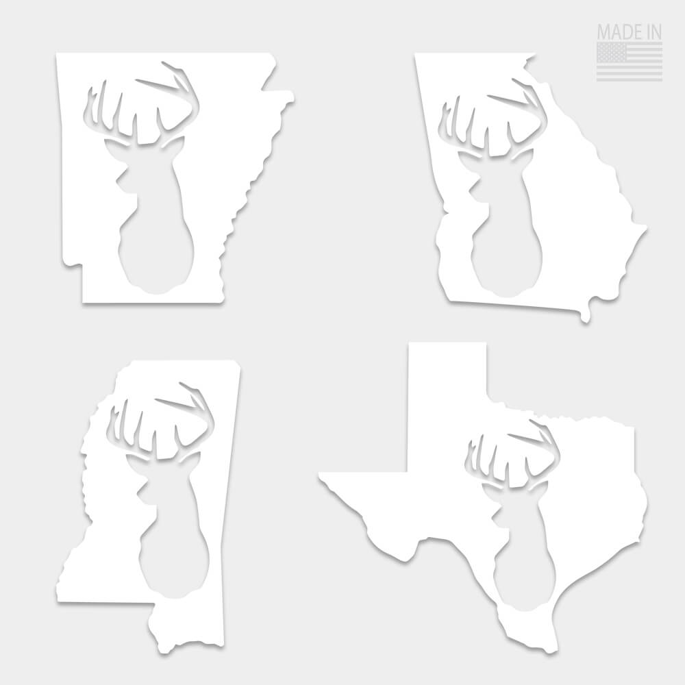 American Made white vinyl die-cut state decal Arkansas Georgia Mississippi Texas with a whitetail deer silhouette cut out of state