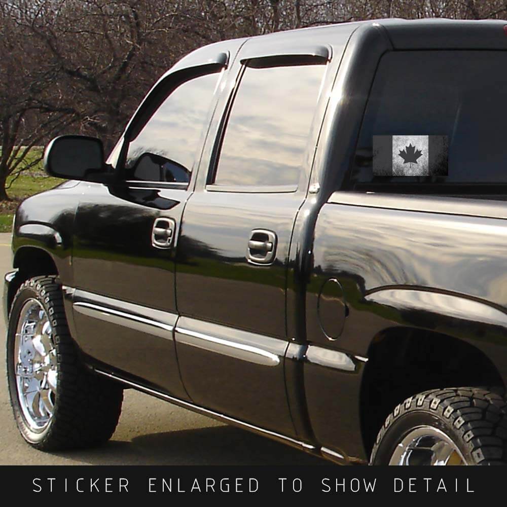 Truck window with Black and Gray distressed Canadian Flag Sticker