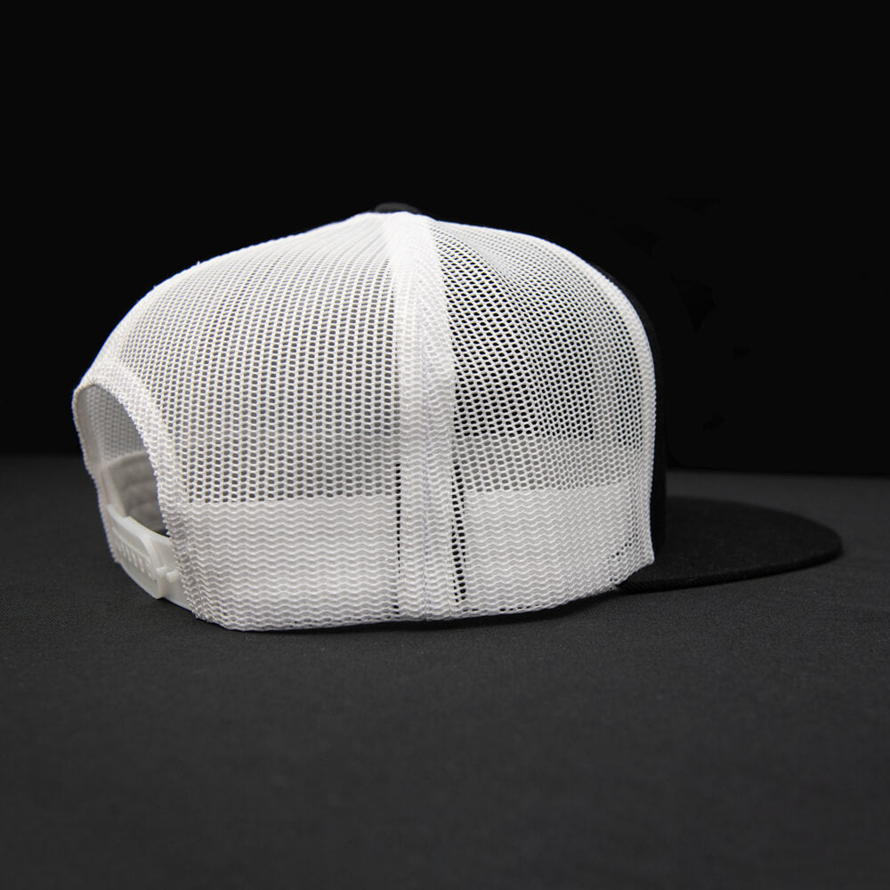 Black-White flat bill snapback hat rear view