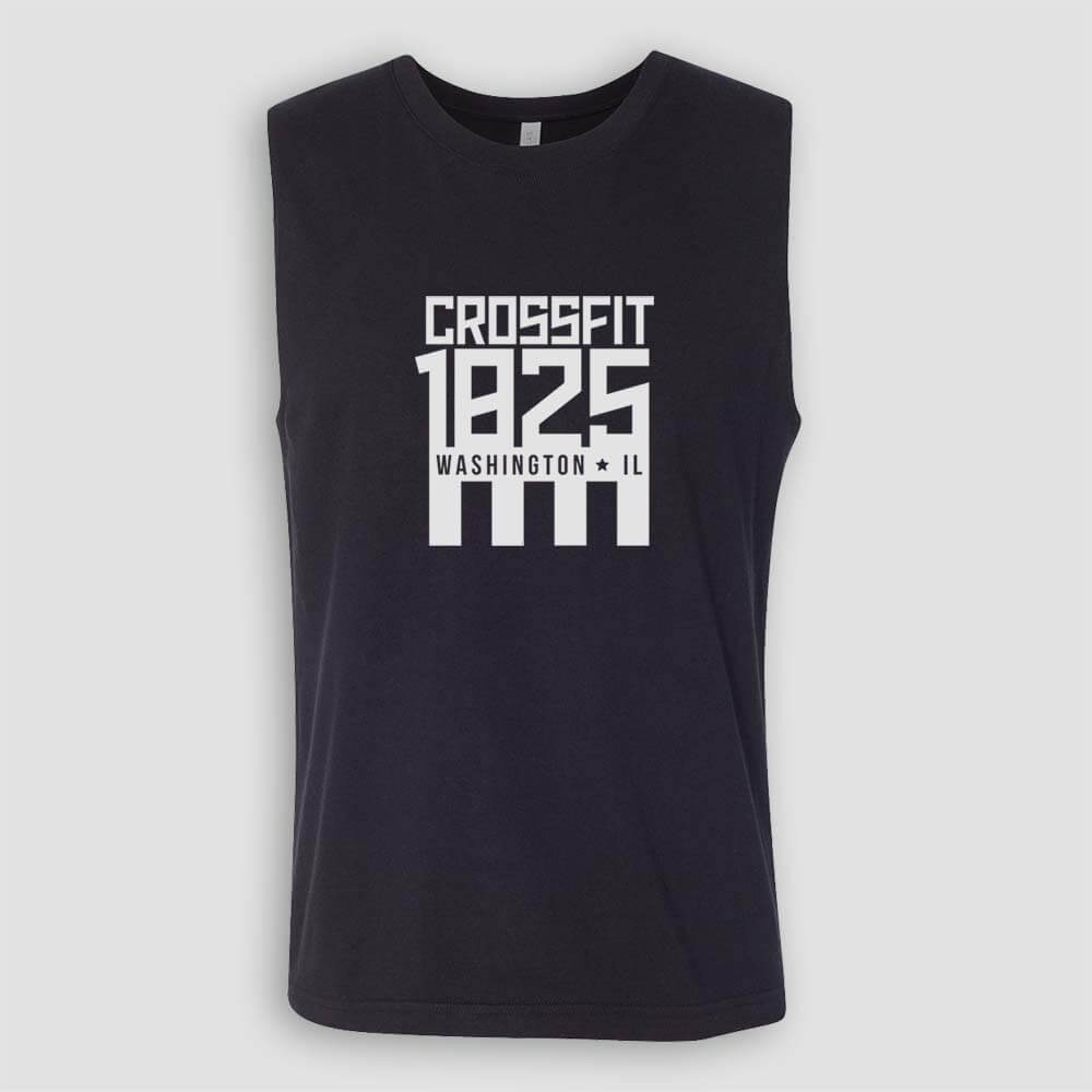 Crossfit 1825 in Washington Illinois Unisex Black Sleeveless Muscle Tank Top with White logo screen printed on front for gym