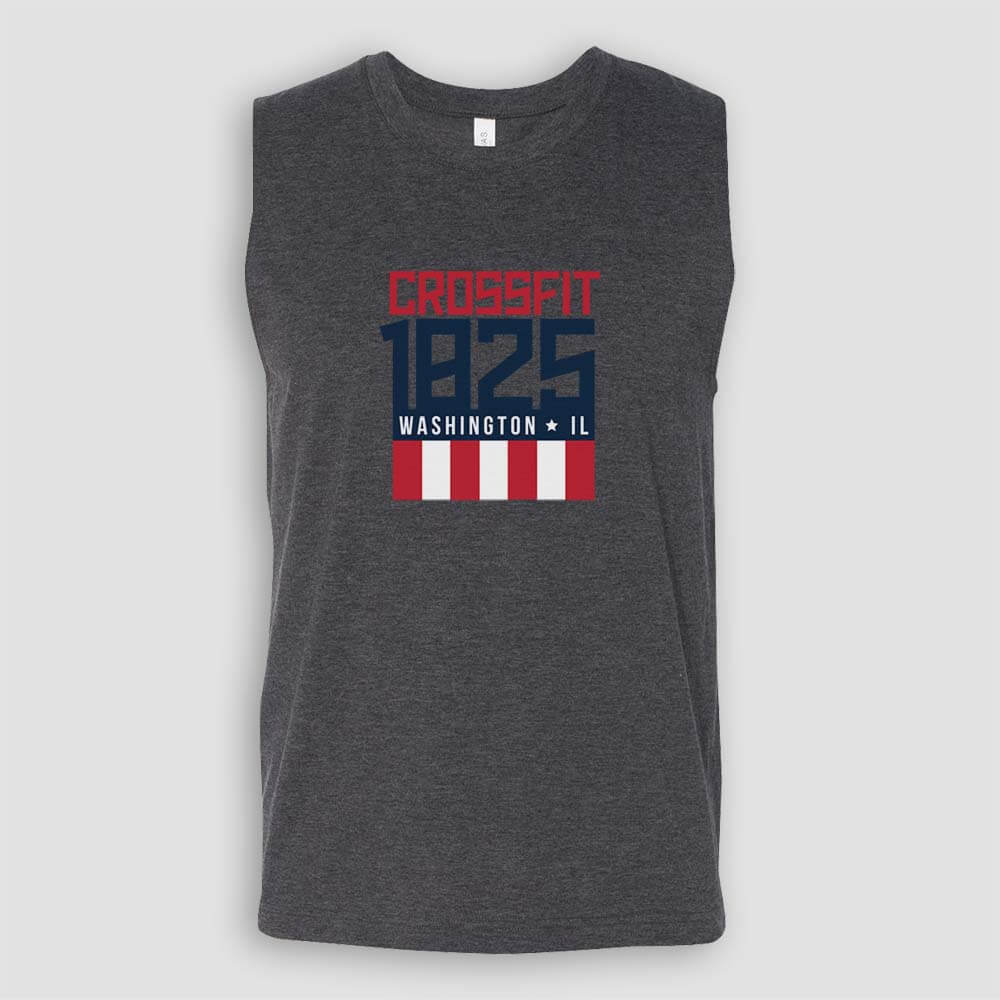 Crossfit 1825 in Washington Illinois Unisex Dark Gray Heather Sleeveless Muscle Tank Top with Red White and Blue logo screen printed on front for gym
