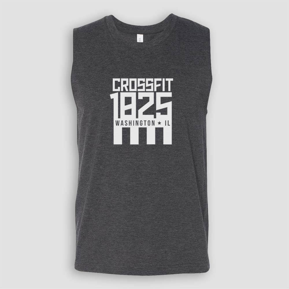 Crossfit 1825 in Washington Illinois Unisex Dark Gray Heather Sleeveless Muscle Tank Top with White logo screen printed on front for gym