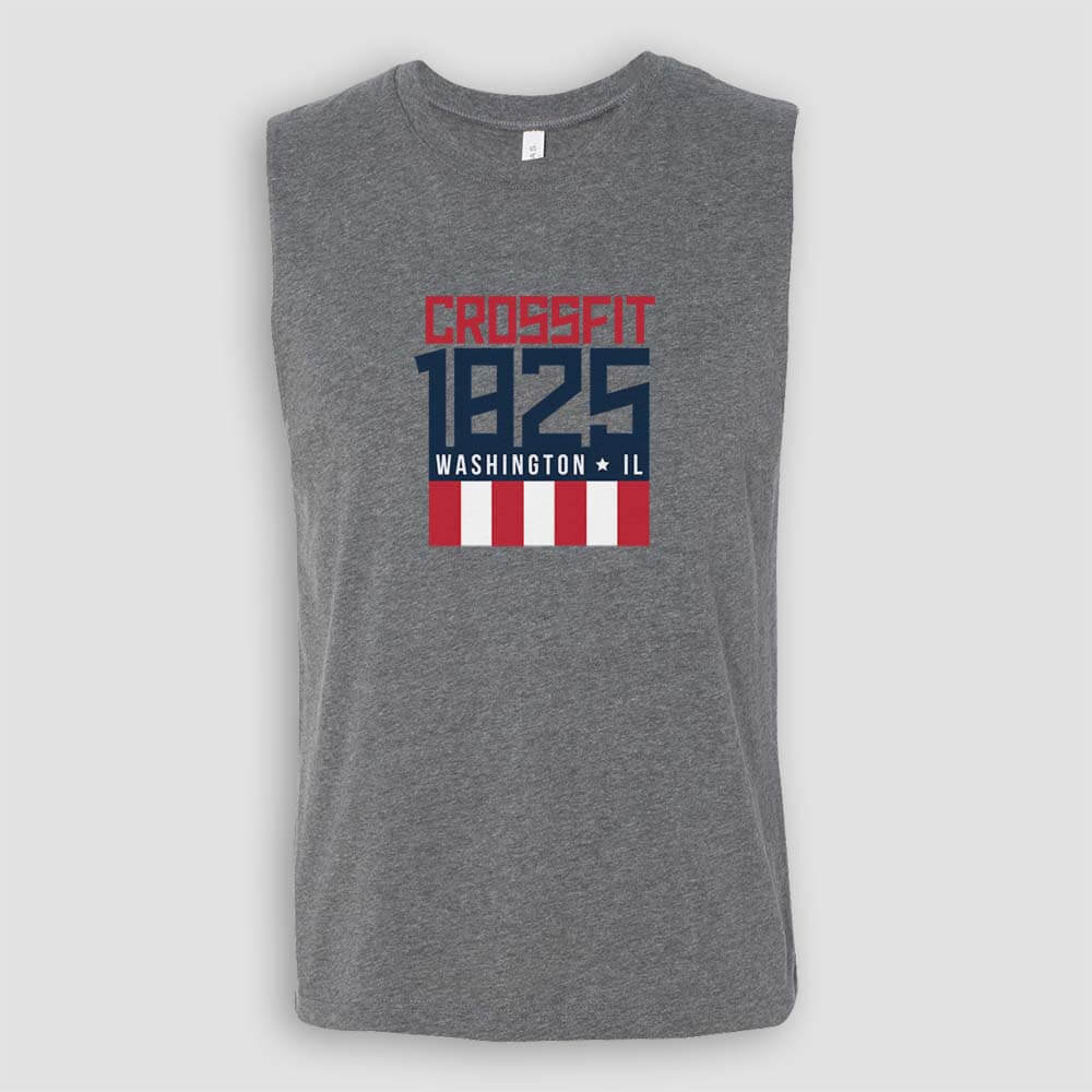 Crossfit 1825 in Washington Illinois Deep Heather Sleeveless Muscle Tank Top with Red  White and Blue logo screen printed on front for gym