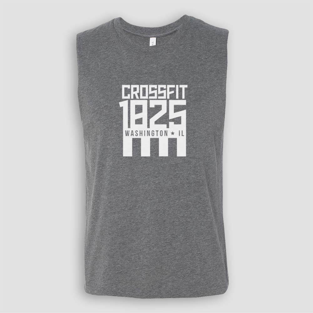 Crossfit 1825 in Washington Illinois Unisex Deep Heather Gray Sleeveless Muscle Tank Top with White logo screen printed on front for gym
