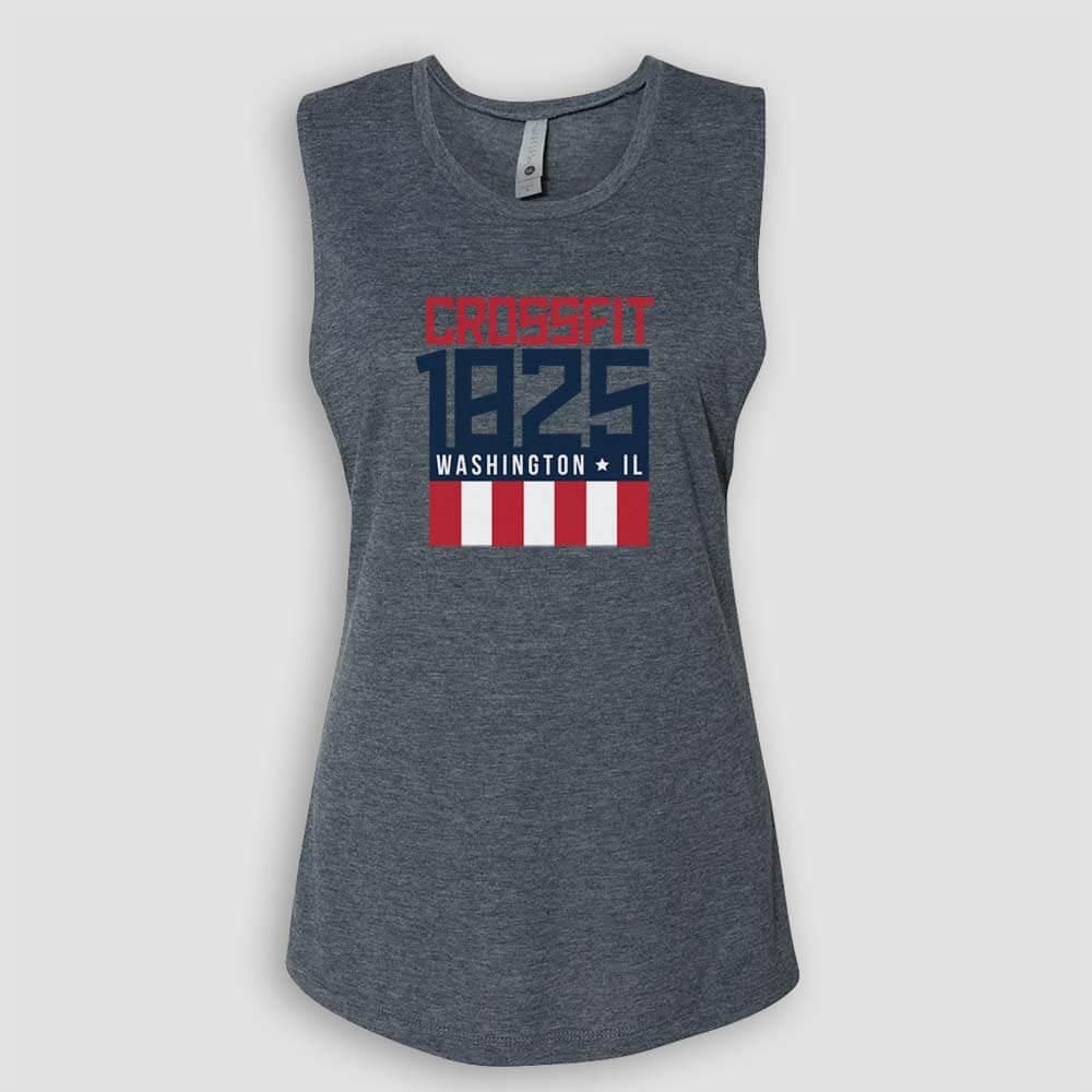Crossfit 1825 in Washington Illinois Women's Antique Denim Blue Sleeveless Muscle Tank Top with Red White and Blue logo screen printed on front for gym