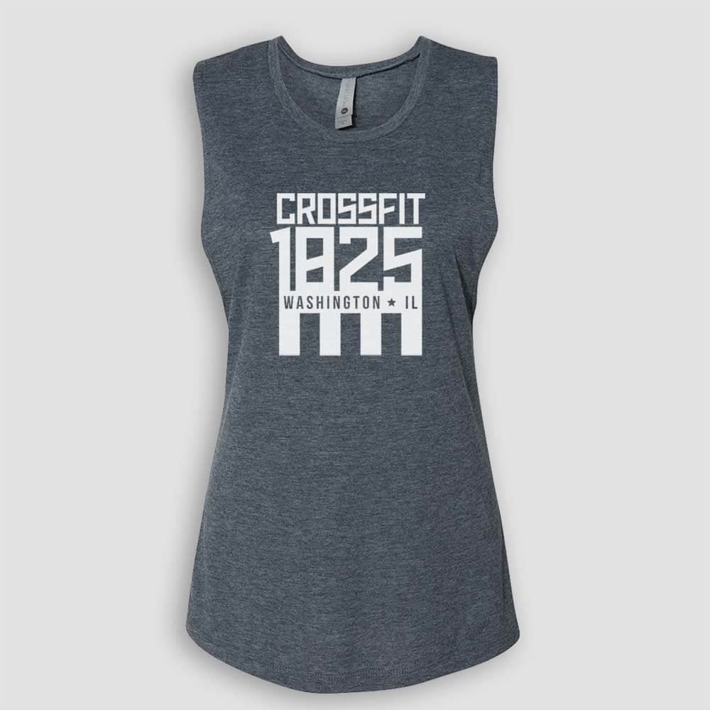 Crossfit 1825 in Washington Illinois Women's Antique Denim Blue Sleeveless Muscle Tank Top with White logo screen printed on front for gym