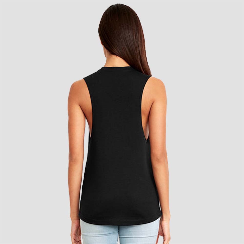 Crossfit 1825 in Washington Illinois Women's Black Sleeveless Muscle Tank Top with White logo screen printed on front for gym back view