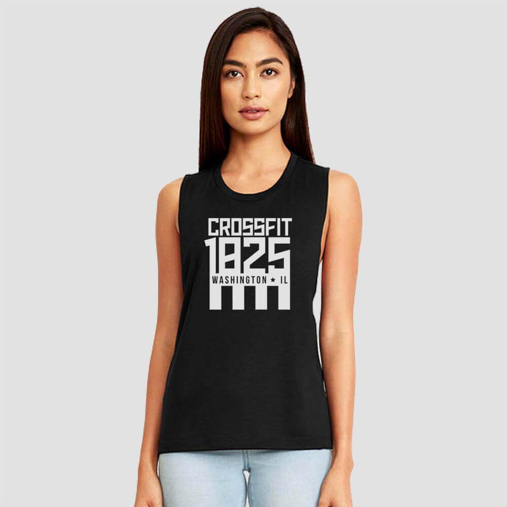 Crossfit 1825 in Washington Illinois Women's Black Sleeveless Muscle Tank Top with White logo screen printed on front for gym front view