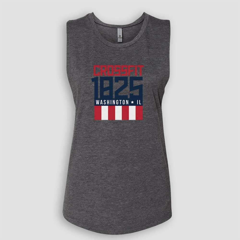 Crossfit 1825 in Washington Illinois Women's Charcoal Sleeveless Muscle Tank Top with Red White and Blue logo screen printed on front for gym