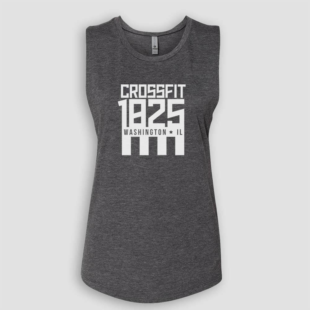 Crossfit 1825 in Washington Illinois Women's Charcoal Sleeveless Muscle Tank Top with White logo screen printed on front for gym
