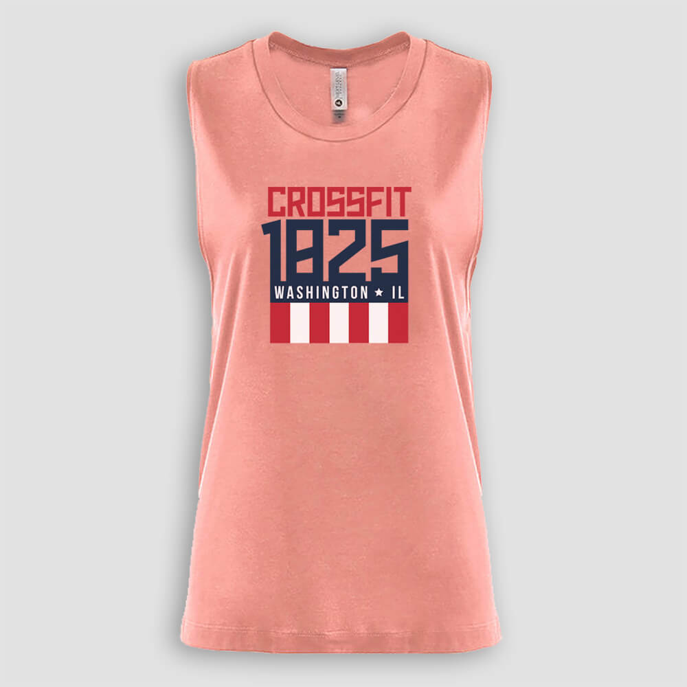 Crossfit 1825 in Washington Illinois Women's Desert Pink Sleeveless Muscle Tank Top with Red White and Blue logo screen printed on front for gym