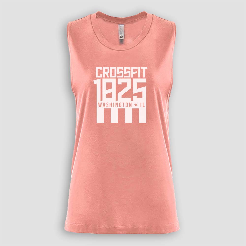 Crossfit 1825 in Washington Illinois Women's Desert Pink Sleeveless Muscle Tank Top with White logo screen printed on front for gym
