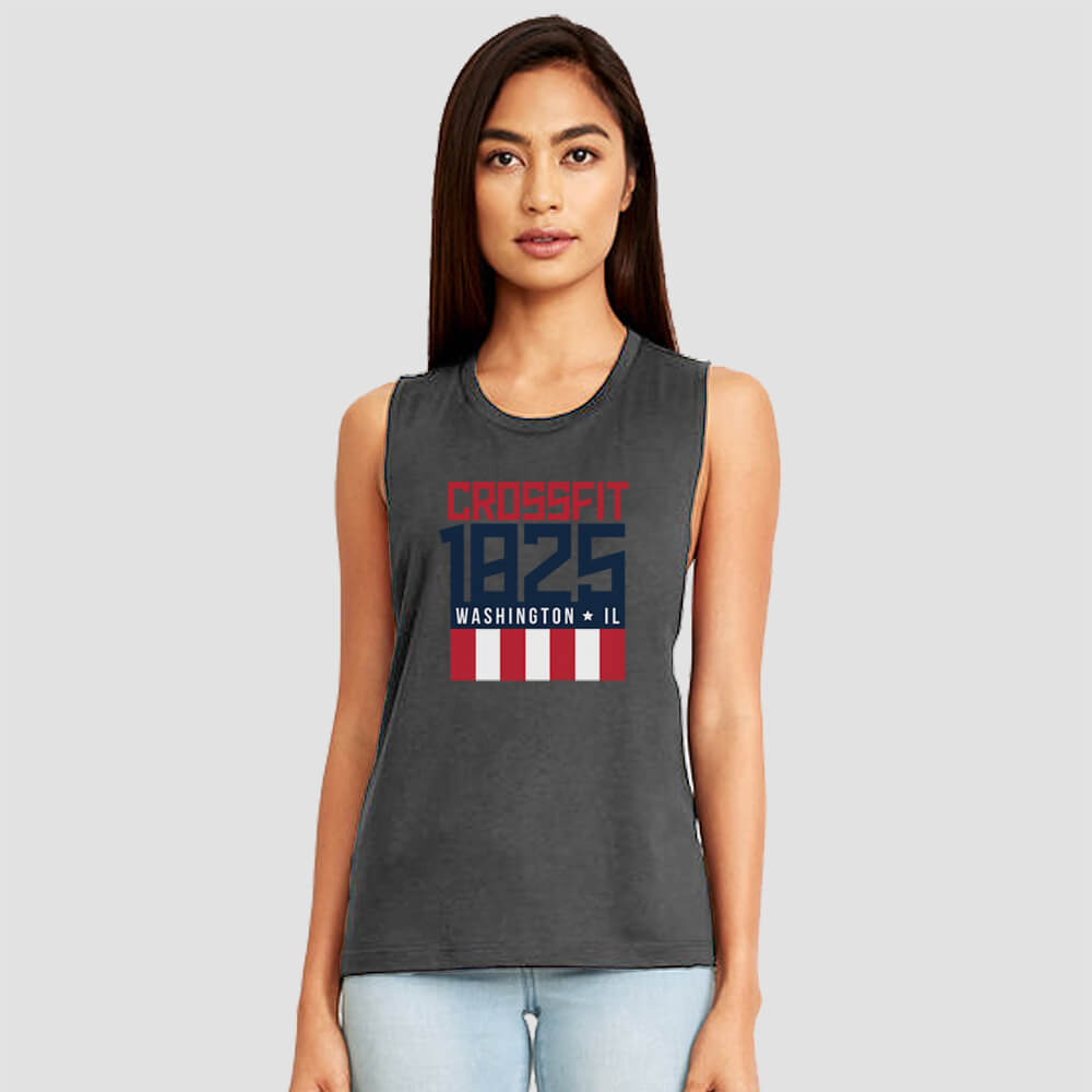 Crossfit 1825 in Washington Illinois Women's  Sleeveless Muscle Tank Top with Red White and Blue logo screen printed on front for gym front view