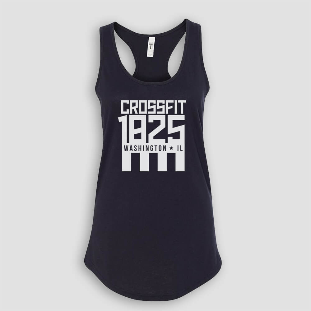 Crossfit 1825 in Washington Illinois Women's Black Racerback Tank Top with White logo screen printed on front for gym