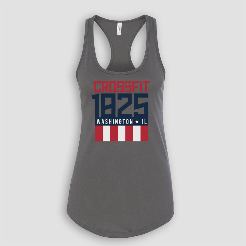 Crossfit 1825 in Washington Illinois Women's Dark Gray Racerback Tank Top with Red White and Blue logo screen printed on front for gym
