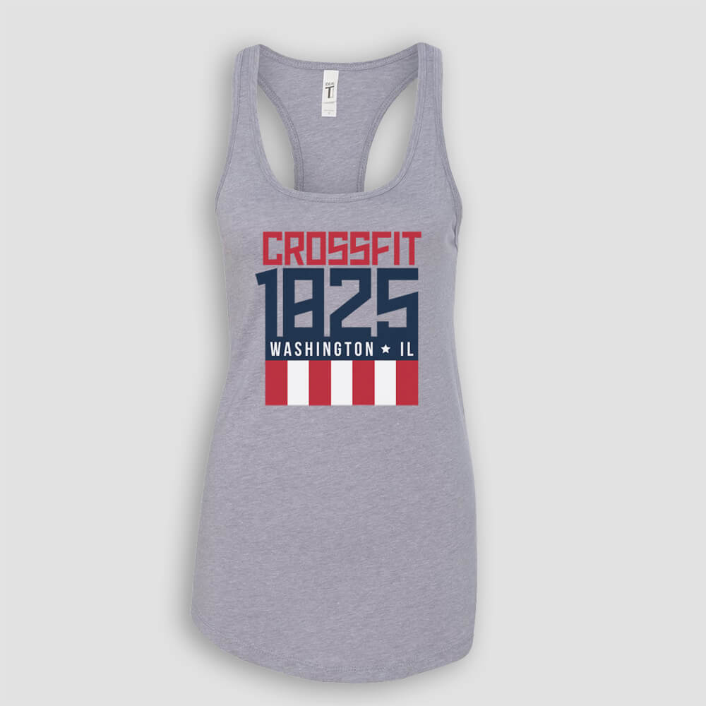 Crossfit 1825 in Washington Illinois Women's Heather Gray Racerback Tank Top with Red White and Blue logo screen printed on front for gym