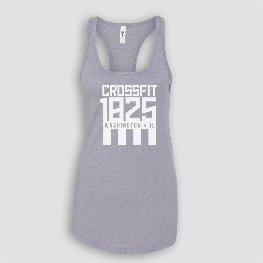 Crossfit 1825 in Washington Illinois Women's Heather Gray Racerback Tank Top with White logo screen printed on front for gym
