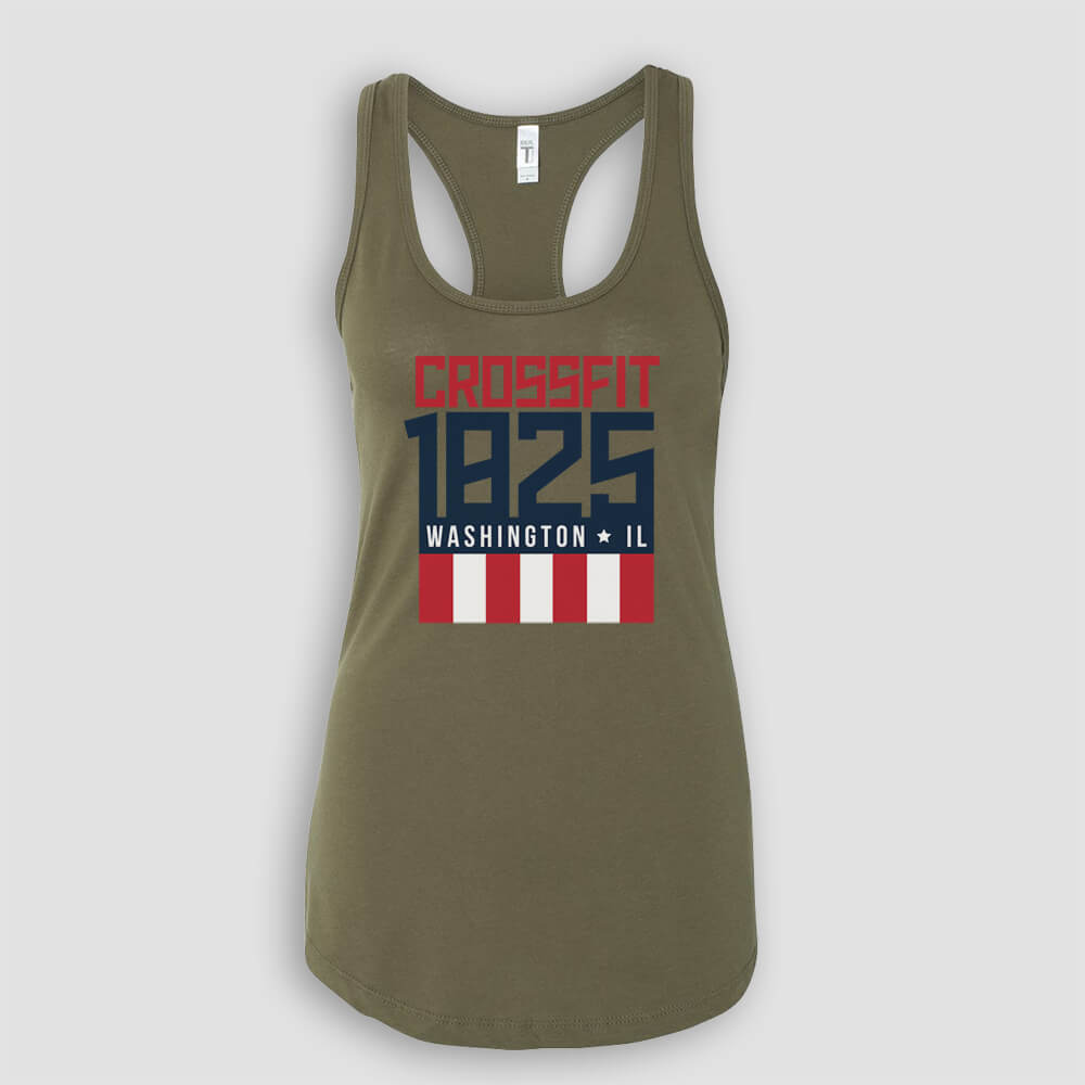 Crossfit 1825 in Washington Illinois Women's Military Green Olive Racerback Tank Top with Red White and Blue logo screen printed on front for gym