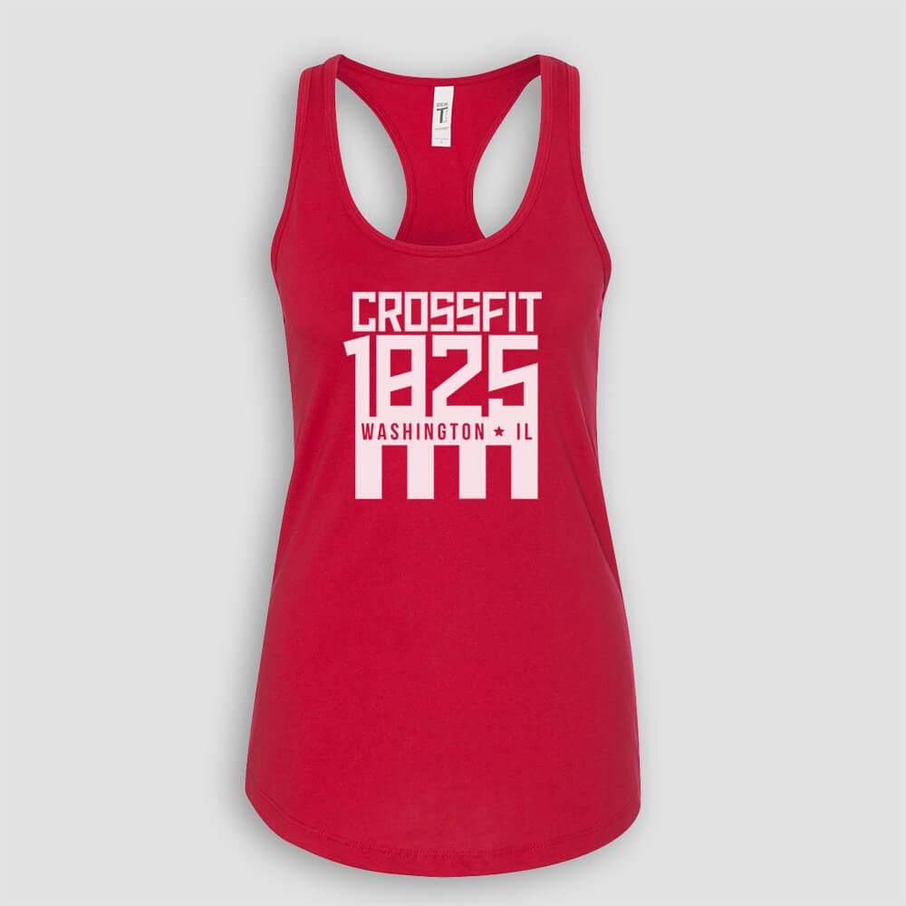 Crossfit 1825 in Washington Illinois Women's Red Racerback Tank Top with White logo screen printed on front for gym