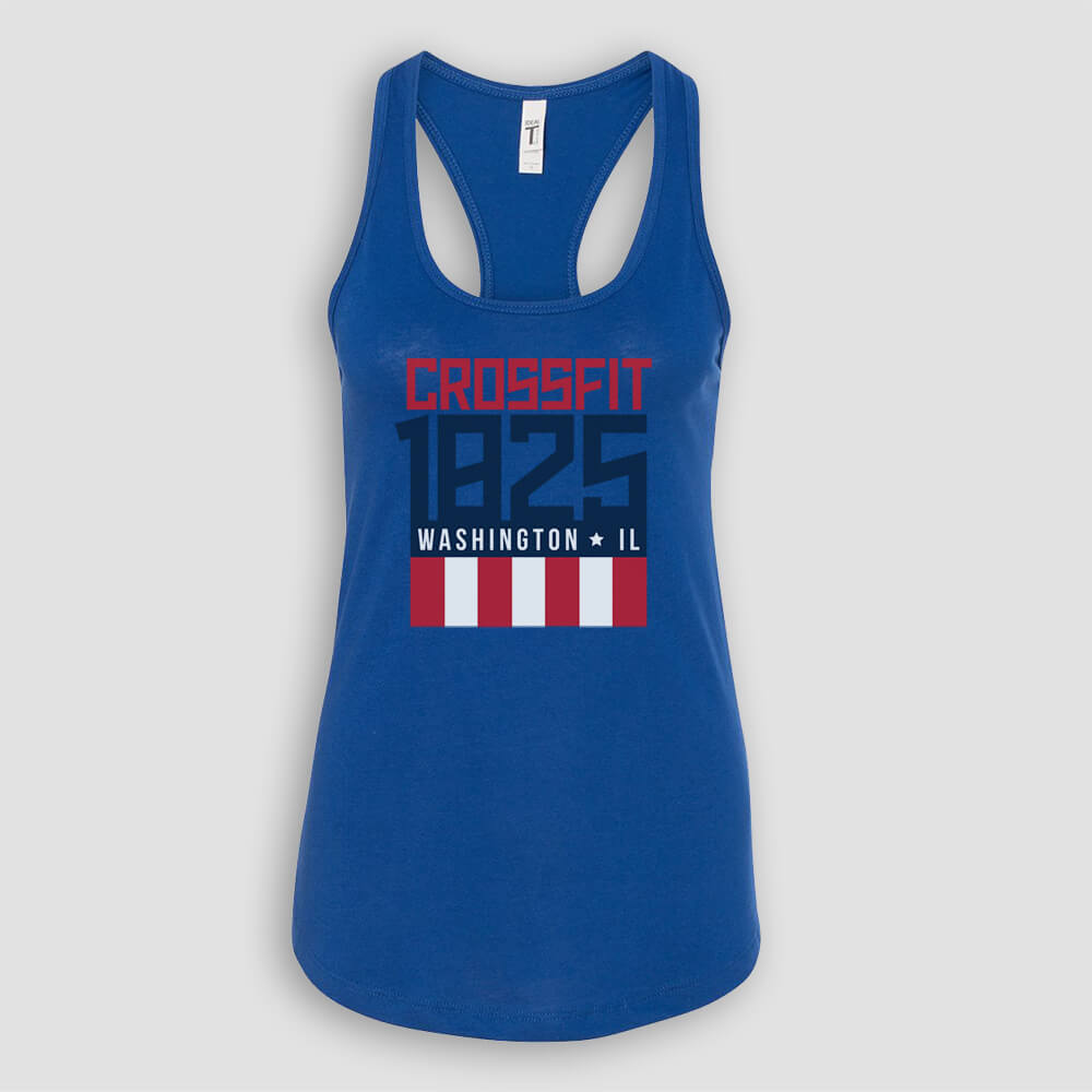 Crossfit 1825 in Washington Illinois Women's Royal Blue Racerback Tank Top with Red White and Blue logo screen printed on front for gym