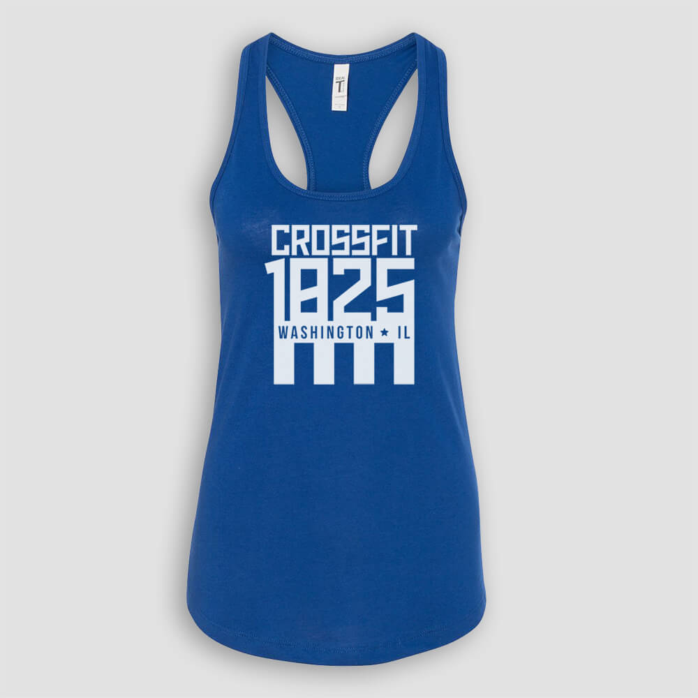 Crossfit 1825 in Washington Illinois Women's Royal Blue Racerback Tank Top with White logo screen printed on front for gym