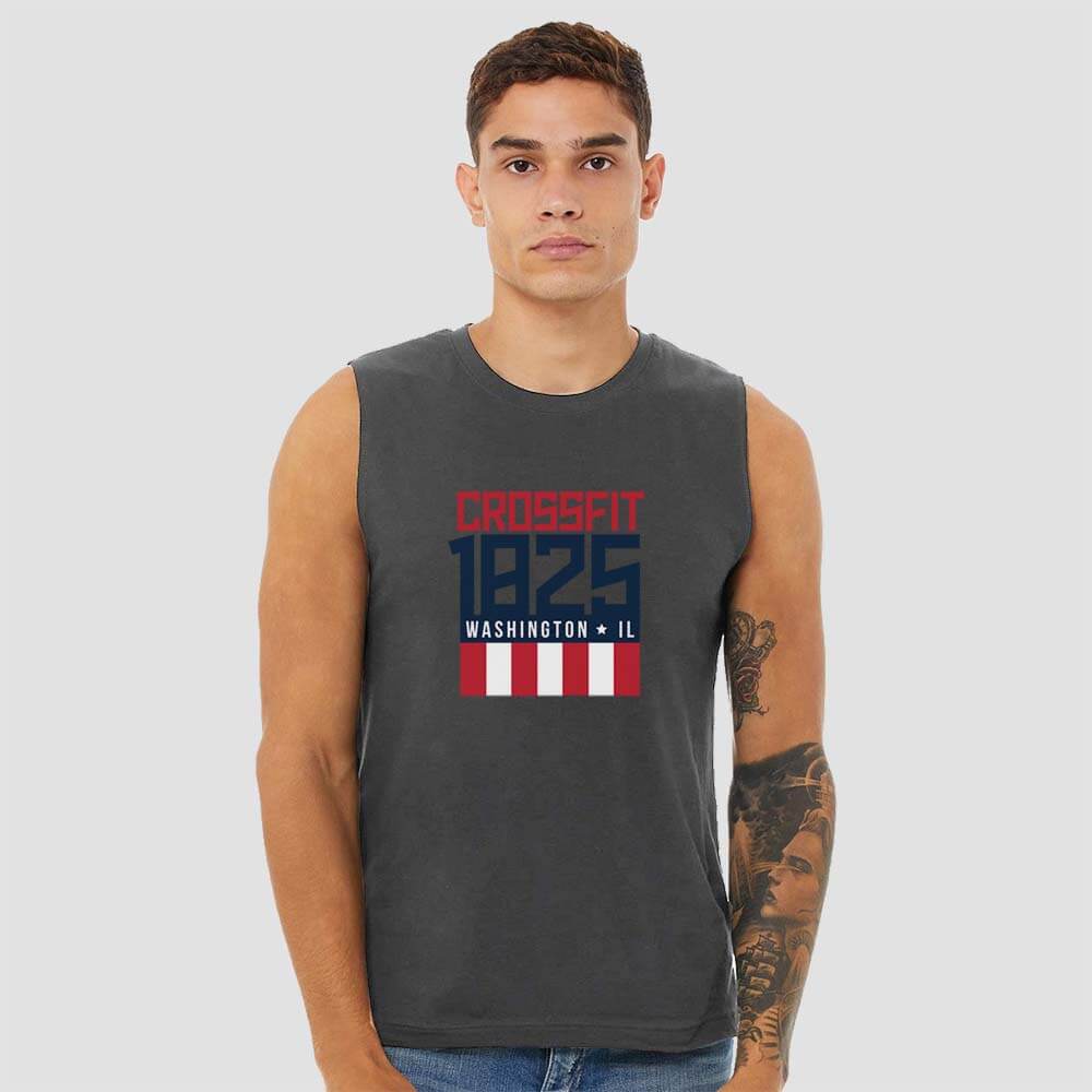Crossfit 1825 in Washington Illinois Unisex Dark Gray Heather Sleeveless Muscle Tank Top with Red White and Blue logo screen printed on front for gym front view