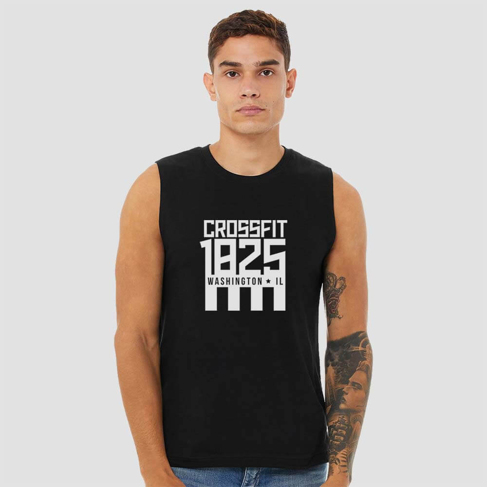 Crossfit 1825 in Washington Illinois Unisex Black Sleeveless Muscle Tank Top with White logo screen printed on front for gym front view