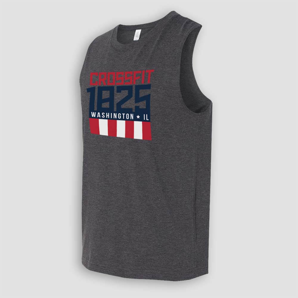 Crossfit 1825 in Washington Illinois Unisex Dark Gray Heather Sleeveless Muscle Tank Top with Red White and Blue logo screen printed on front for gym side view