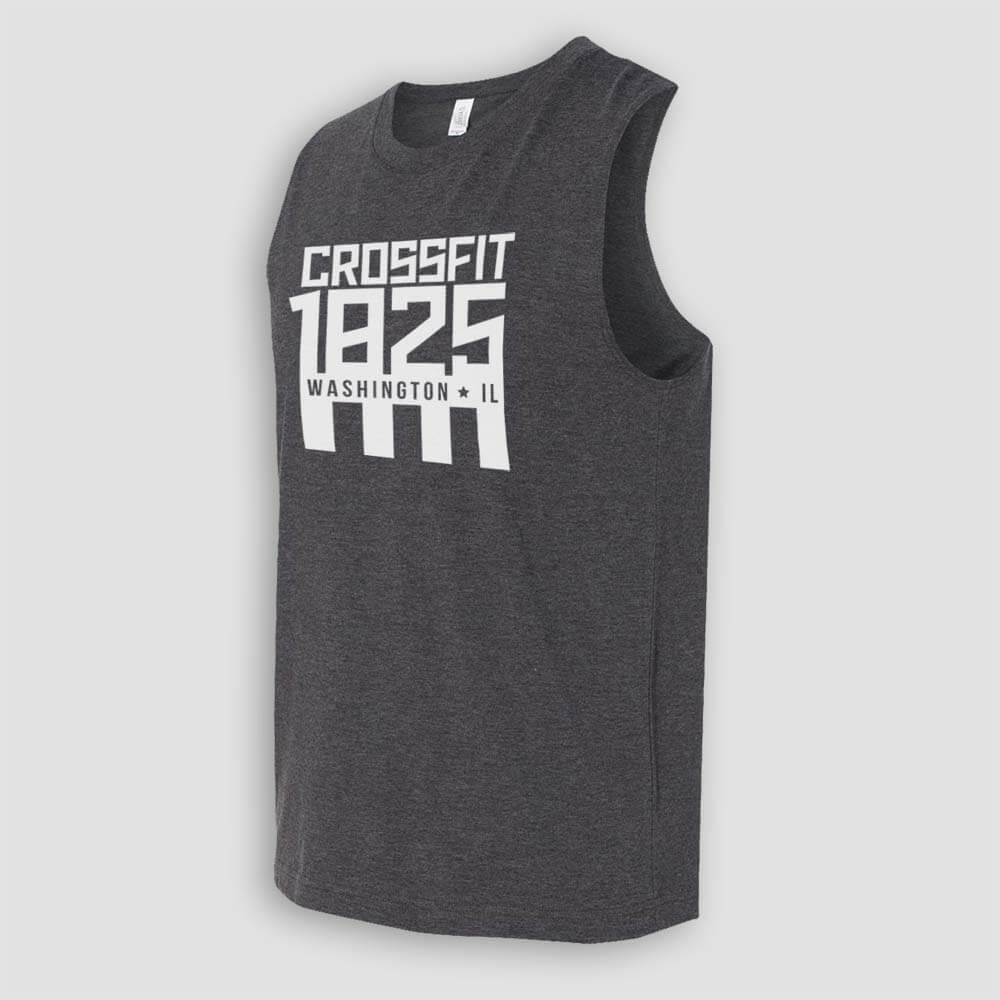 Crossfit 1825 in Washington Illinois Unisex Dark Gray Heather Sleeveless Muscle Tank Top with White logo screen printed on front for gym side view