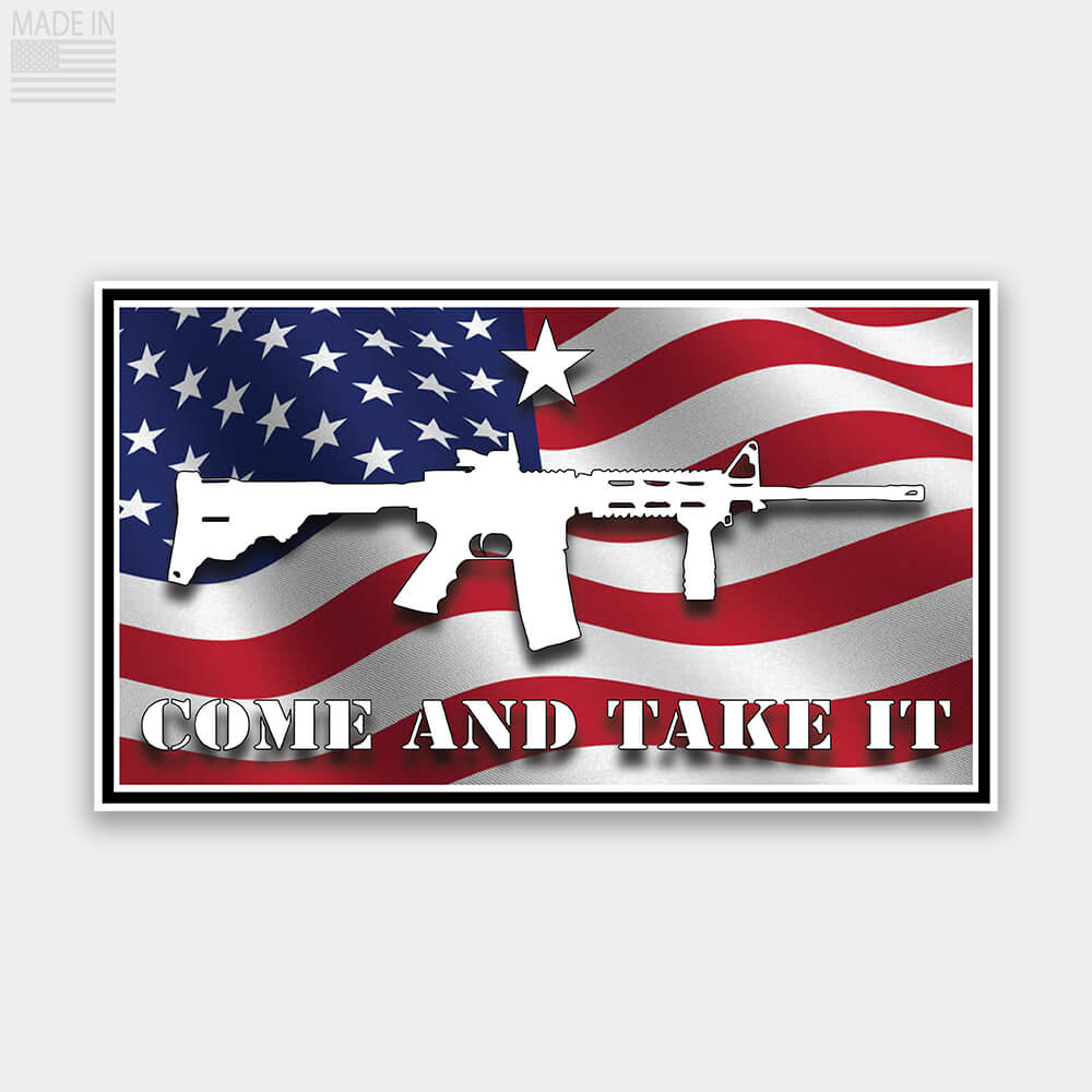 American Made Come and Take It Rectangle Sticker Decal with AR15 and a Star and military style text in red white and blue American flag with white text for cars and trucks