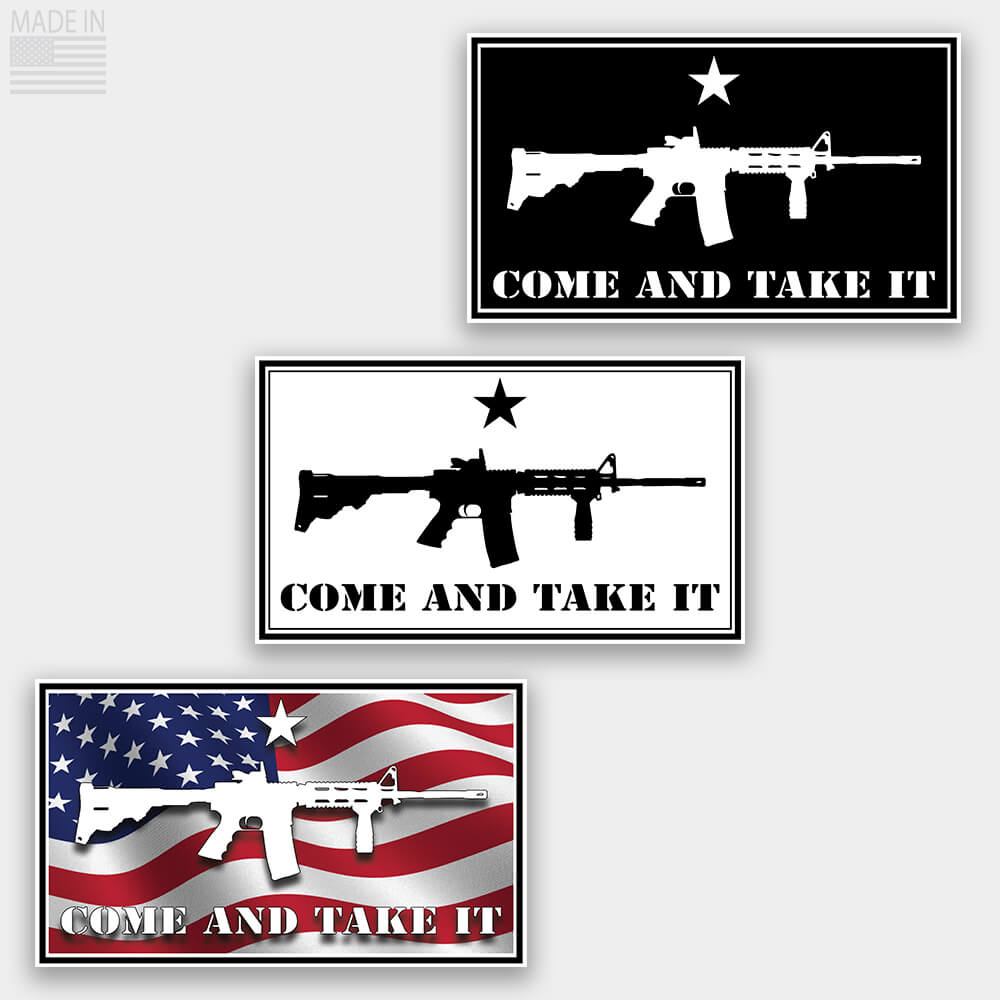 American Made Come and Take It Rectangle Sticker Decal with AR15 and a Star and military style text in black with white text, white with black text, or red white and blue American flag with white text for cars and trucks