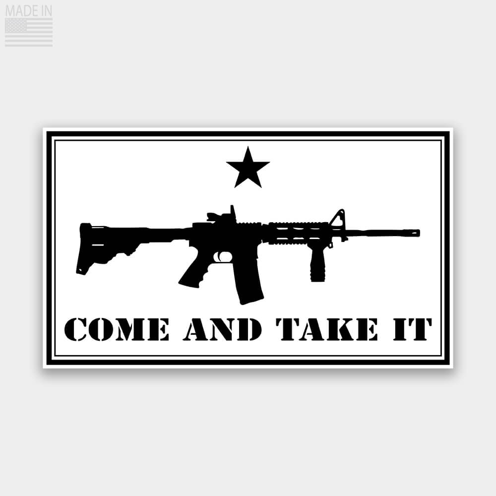 American Made Come and Take It Rectangle Sticker Decal with AR15 and a Star and military style text in white with black text for cars and trucks
