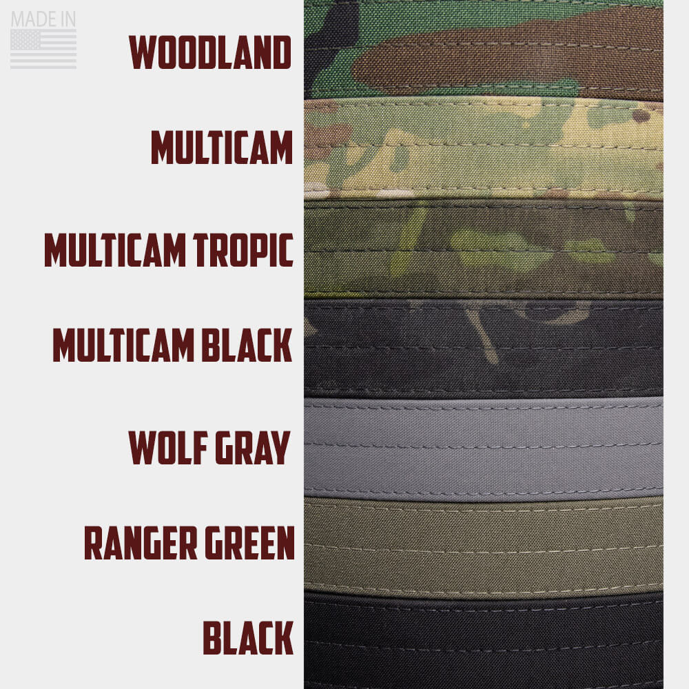 American Made EDC Belt in Woodland Camo, Multicam, Multicam Black, Multicam Tropic, Wolf Gray, Ranger Green, and Black Cordura
