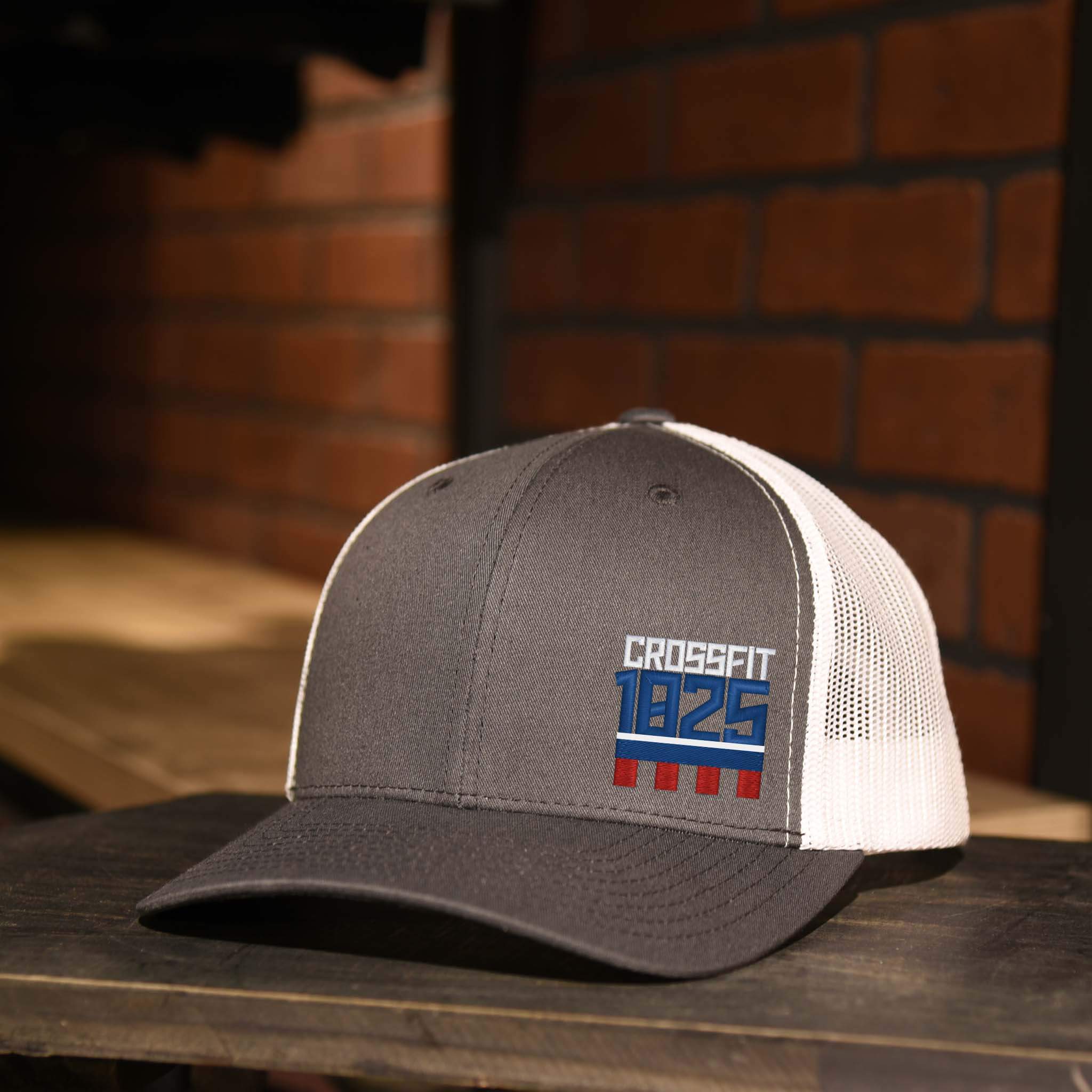 CrossFit 1825 Charcoal & White Trucker Hat with Red, White, and Blue Embroidered Logo