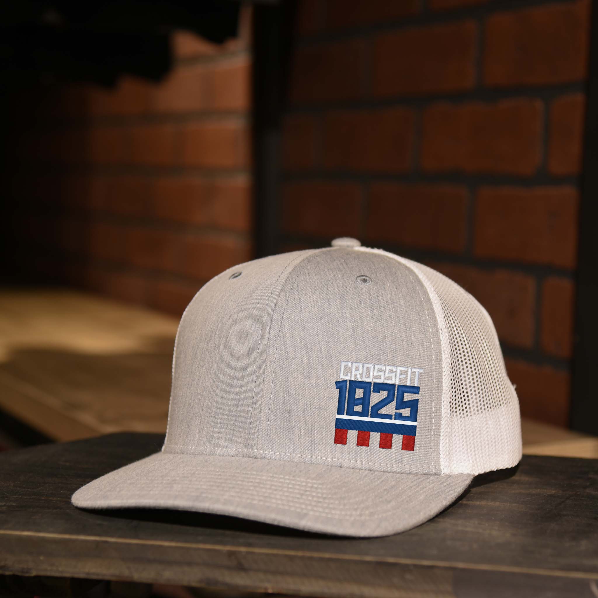 CrossFit 1825 Heather Gray & White Trucker Hat with Red, White, and Blue Embroidered Logo