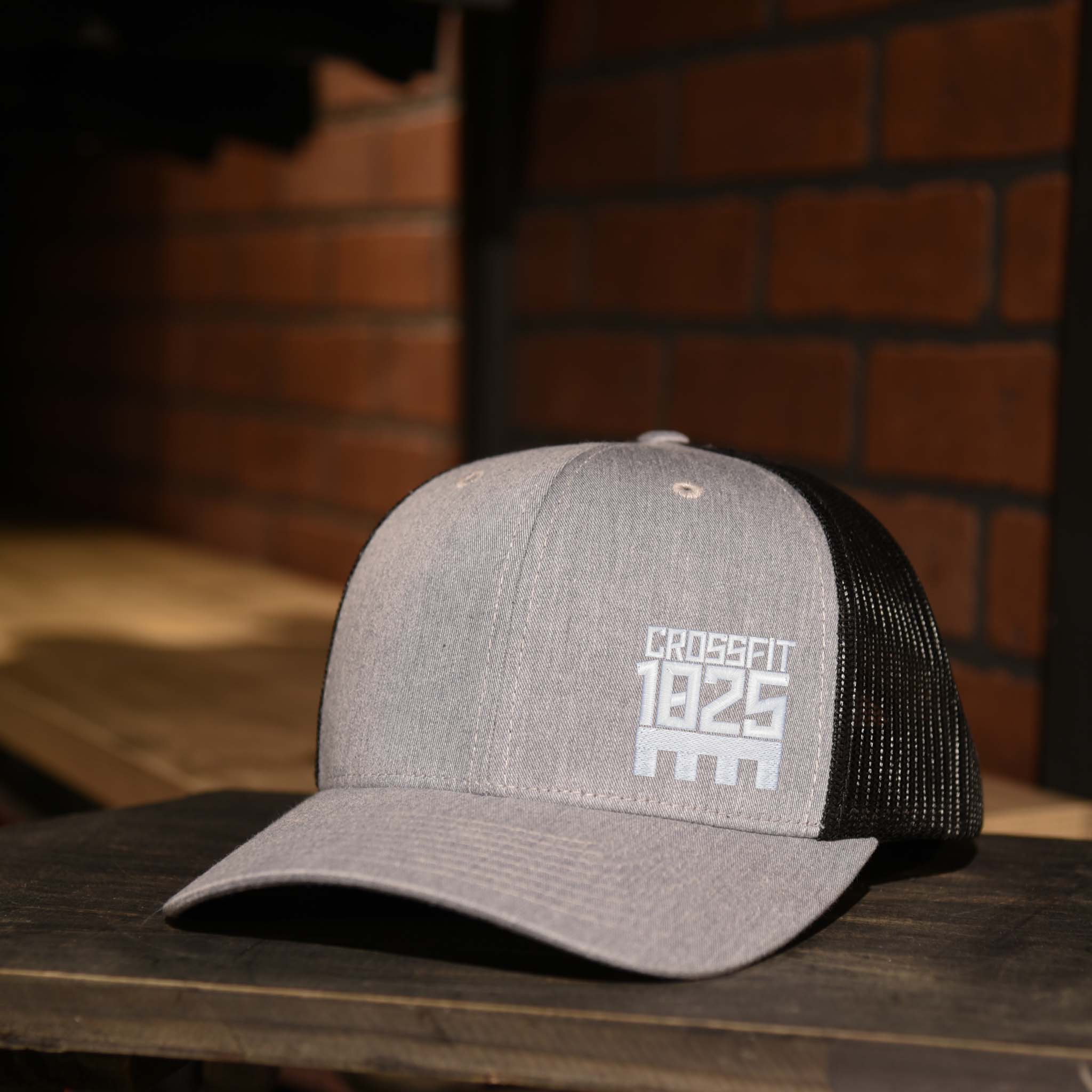 CrossFit 1825 White Embroidered Logo Trucker Hat in Heather Gray and Black