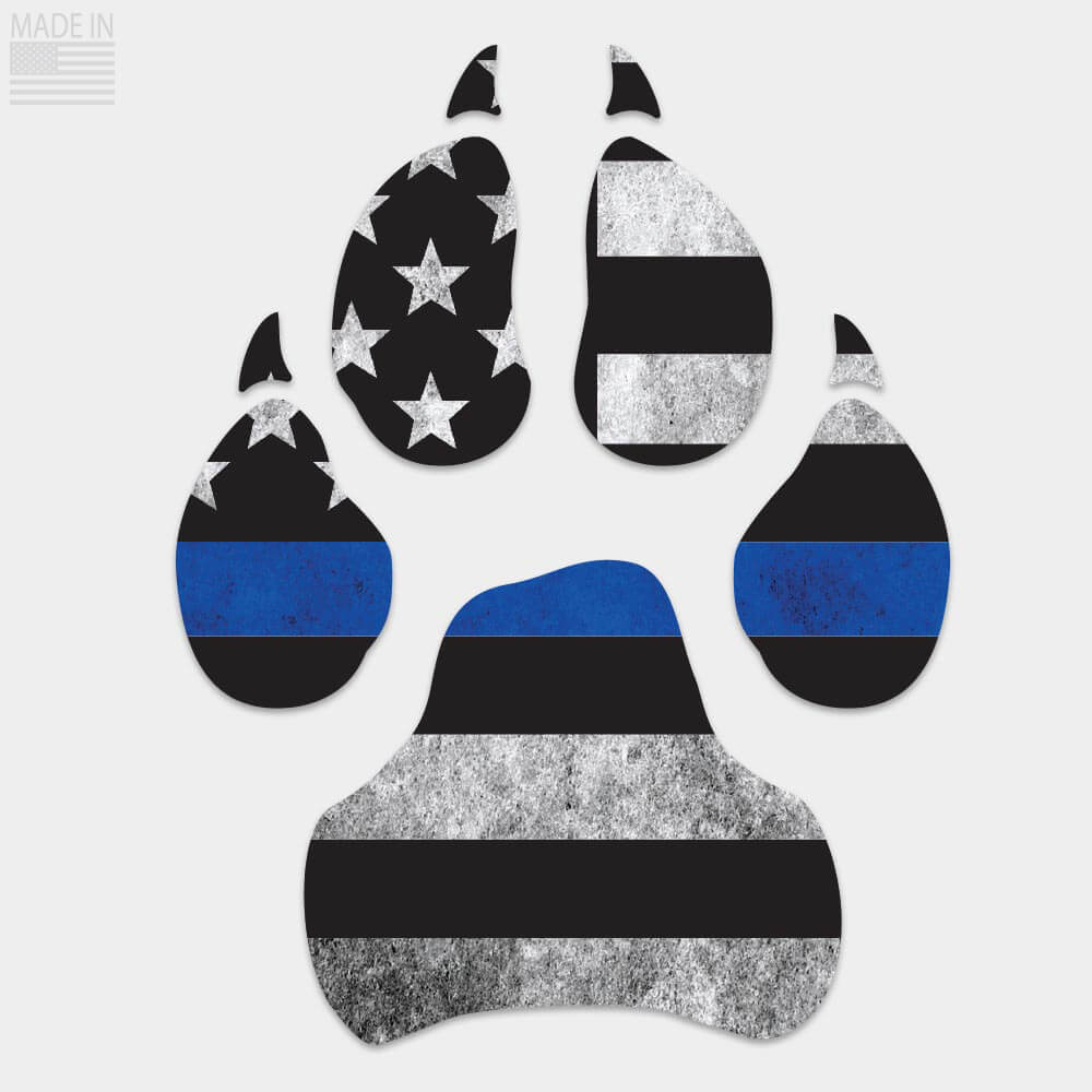 Die cut thin blue line dog paw decal with horizontal thin blue line flag inside.