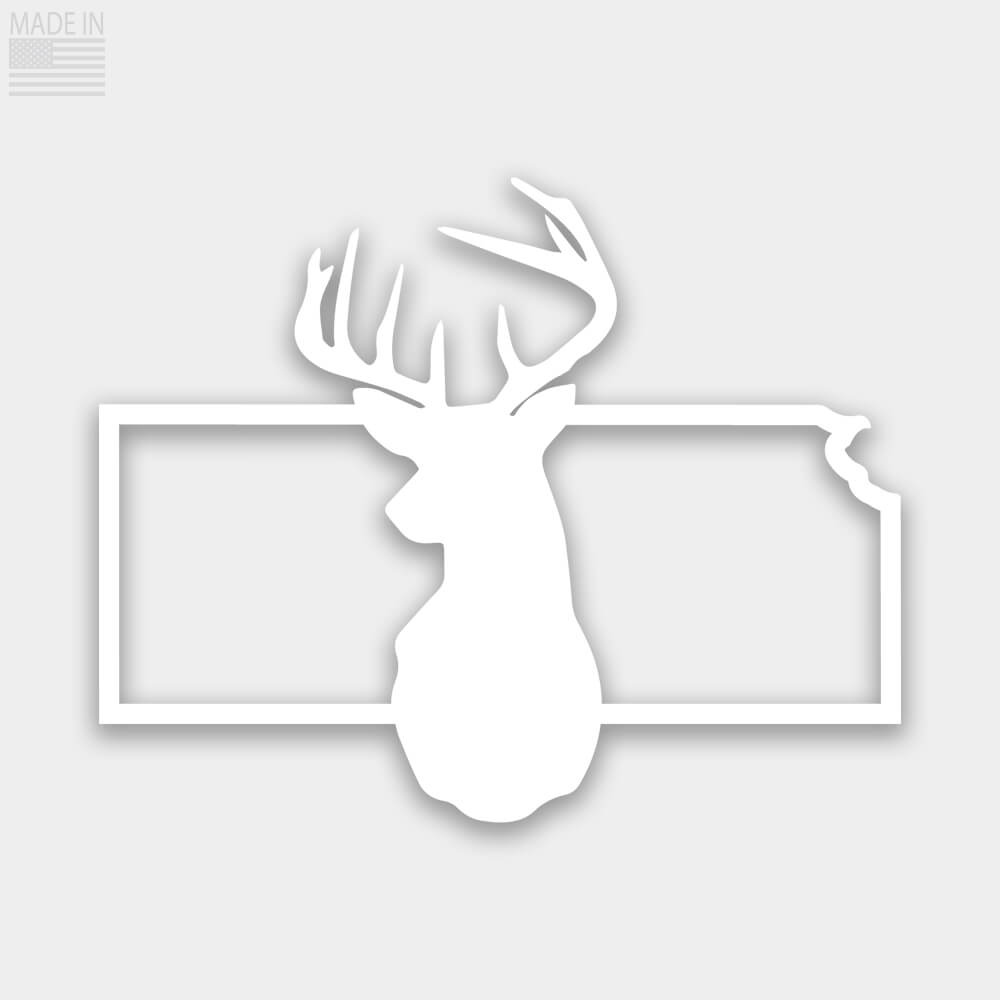 American Made die cut state outline white vinyl decal sticker Kansas with solid silhouette of deer head in the center