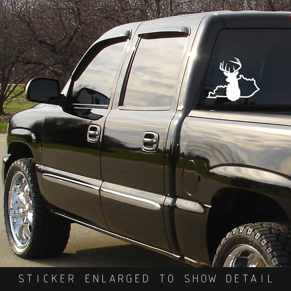 American Made die cut state outline white vinyl decal sticker Kentucky with solid silhouette of deer head in the center shown on back window of black truck