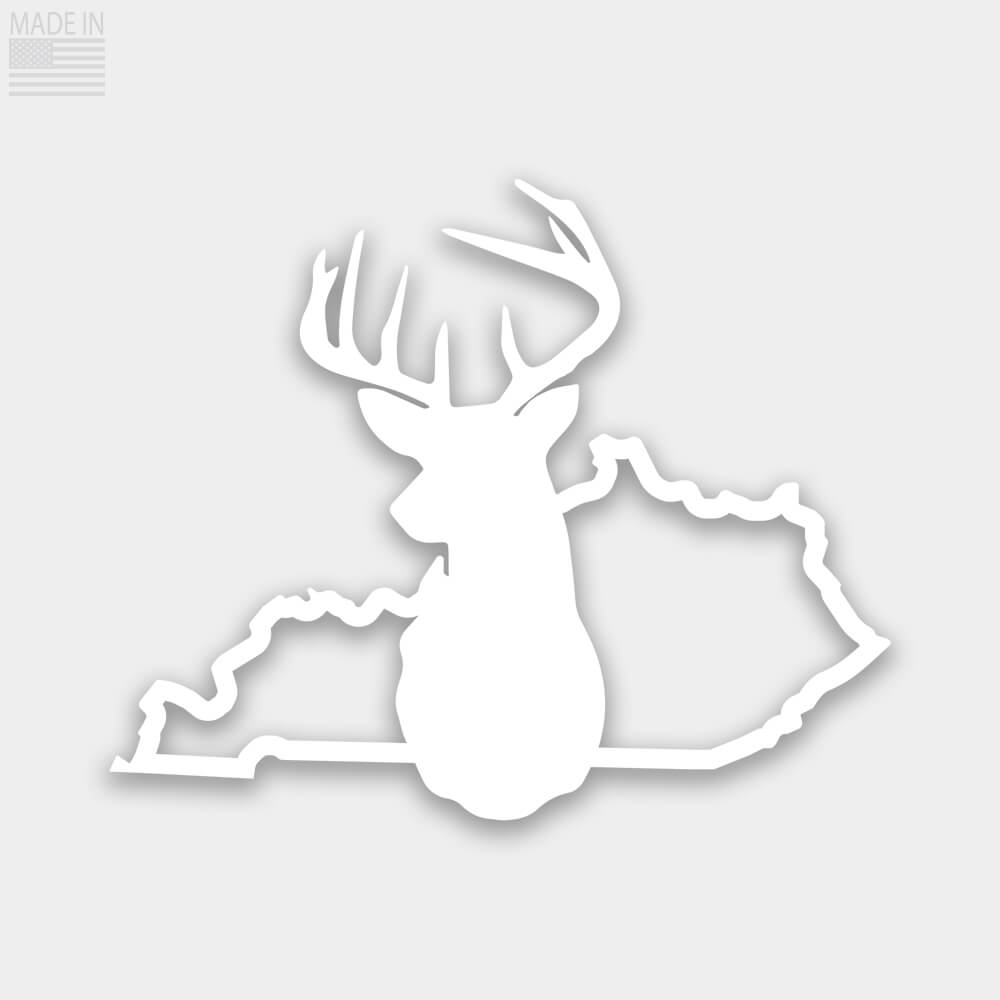 American Made die cut state outline white vinyl decal sticker Kentucky with solid silhouette of deer head in the center