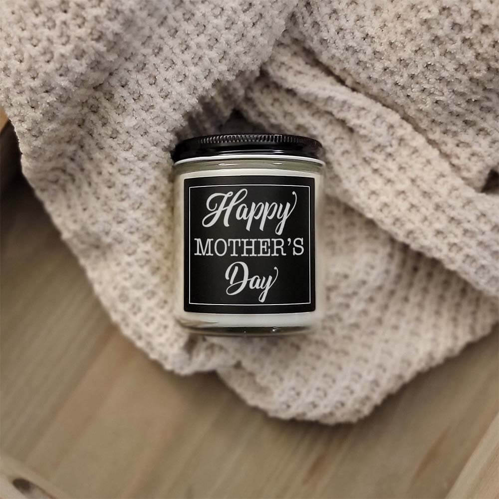 American Made Mother's Day Candle, black label with white text that reads Happy Mother's Day