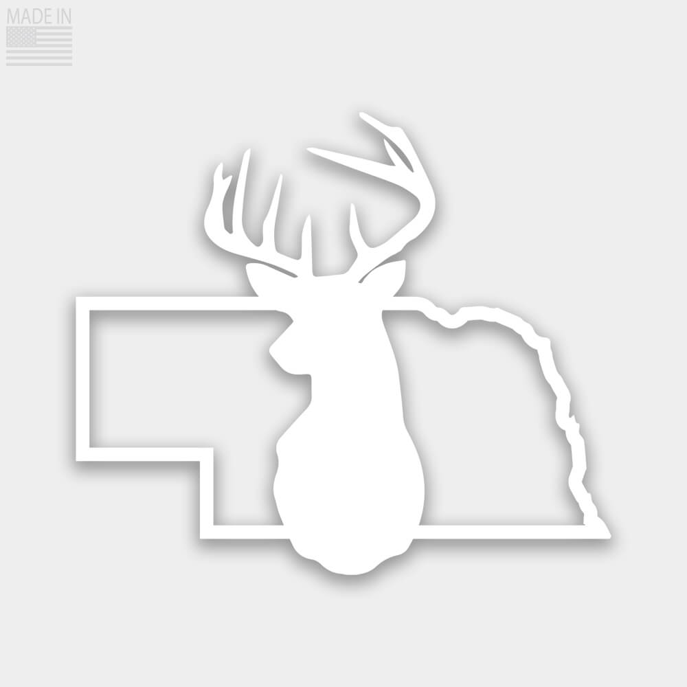 American Made die cut state outline white vinyl decal sticker Nebraska with solid silhouette of deer head in the center