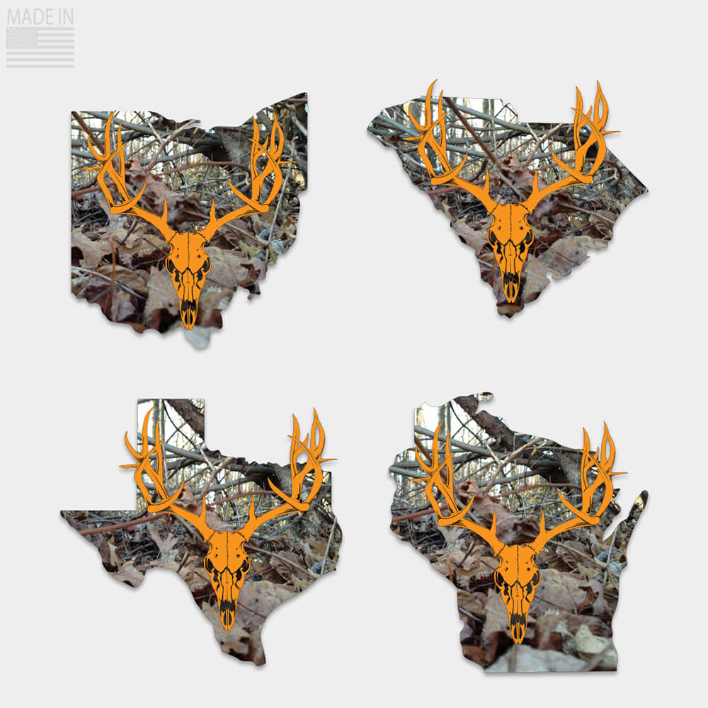 State camo whitetail deer skull sticker Ohio, South Carolina, Texas, Wisconsin