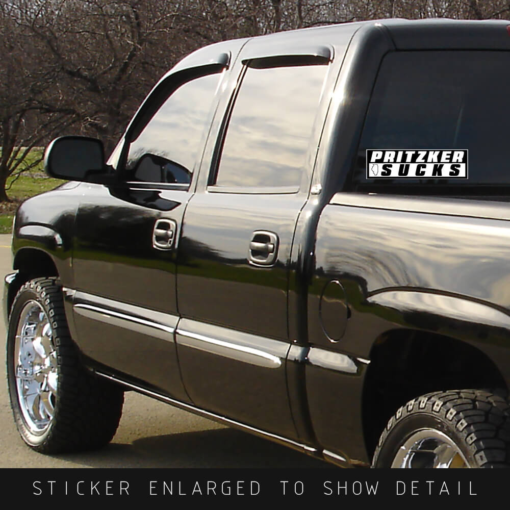 Pritzker Sucks Governor of Illinois Bumper Sticker for car or truck shown on the back window of black GMC truck