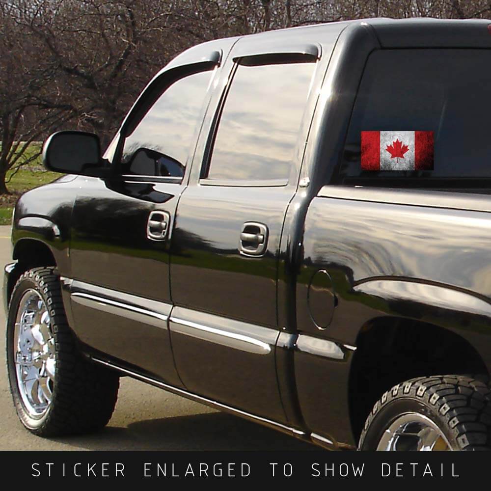 Truck window with Red and Gray Distressed Canadian Flag sticker 