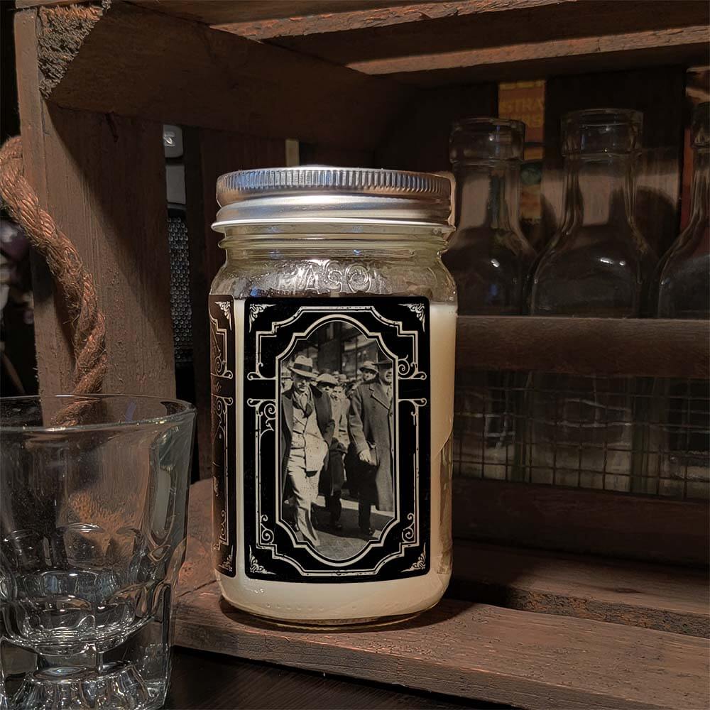 16oz Mason Jar Vintage Collection Candle - Gangster scent - Handcrafted in the USA-Prohibition Era inspired designs-side image gangster suits