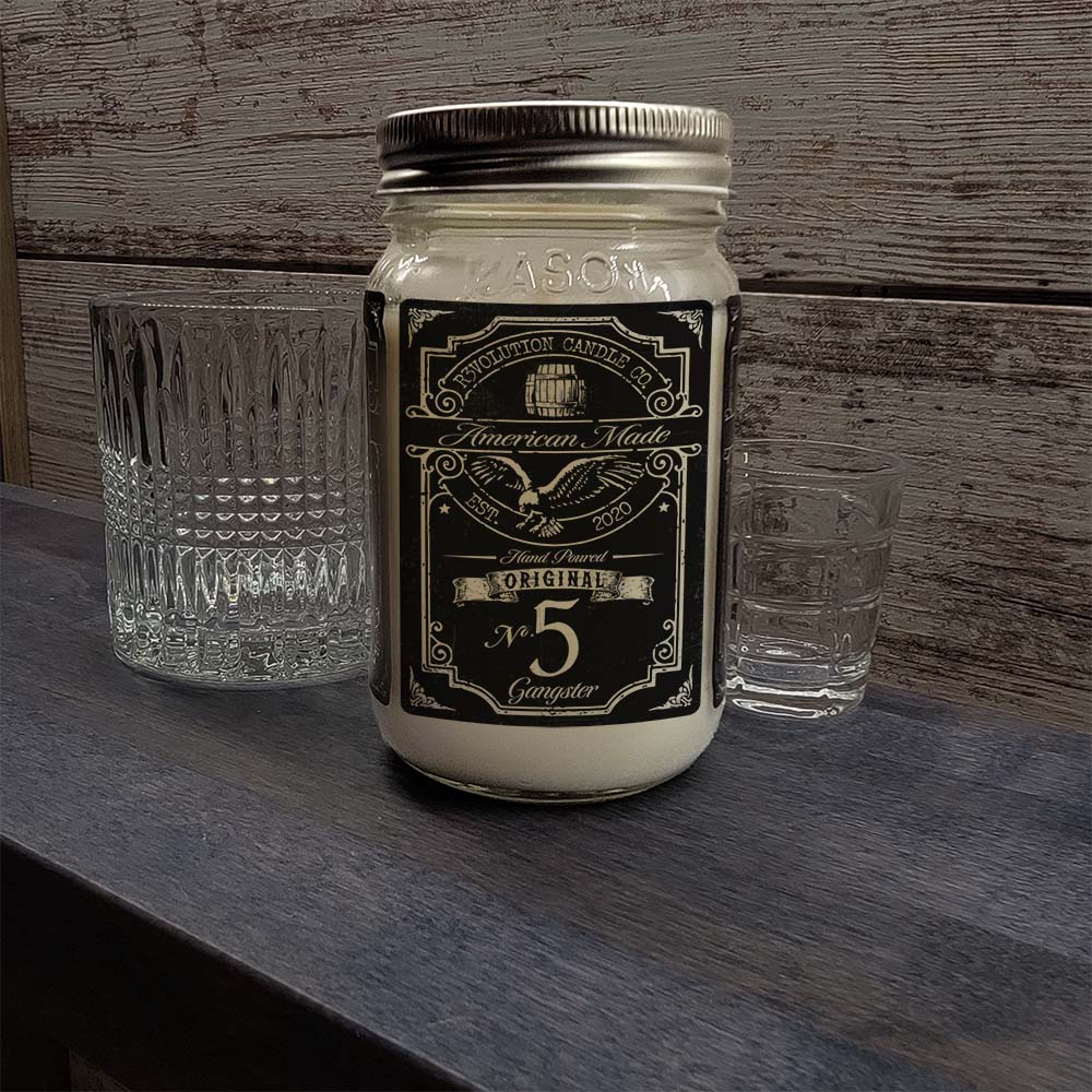 16oz Mason Jar Vintage Collection Candle - Gangster scent - Handcrafted in the USA-Prohibition Era inspired designs - whiskey type label