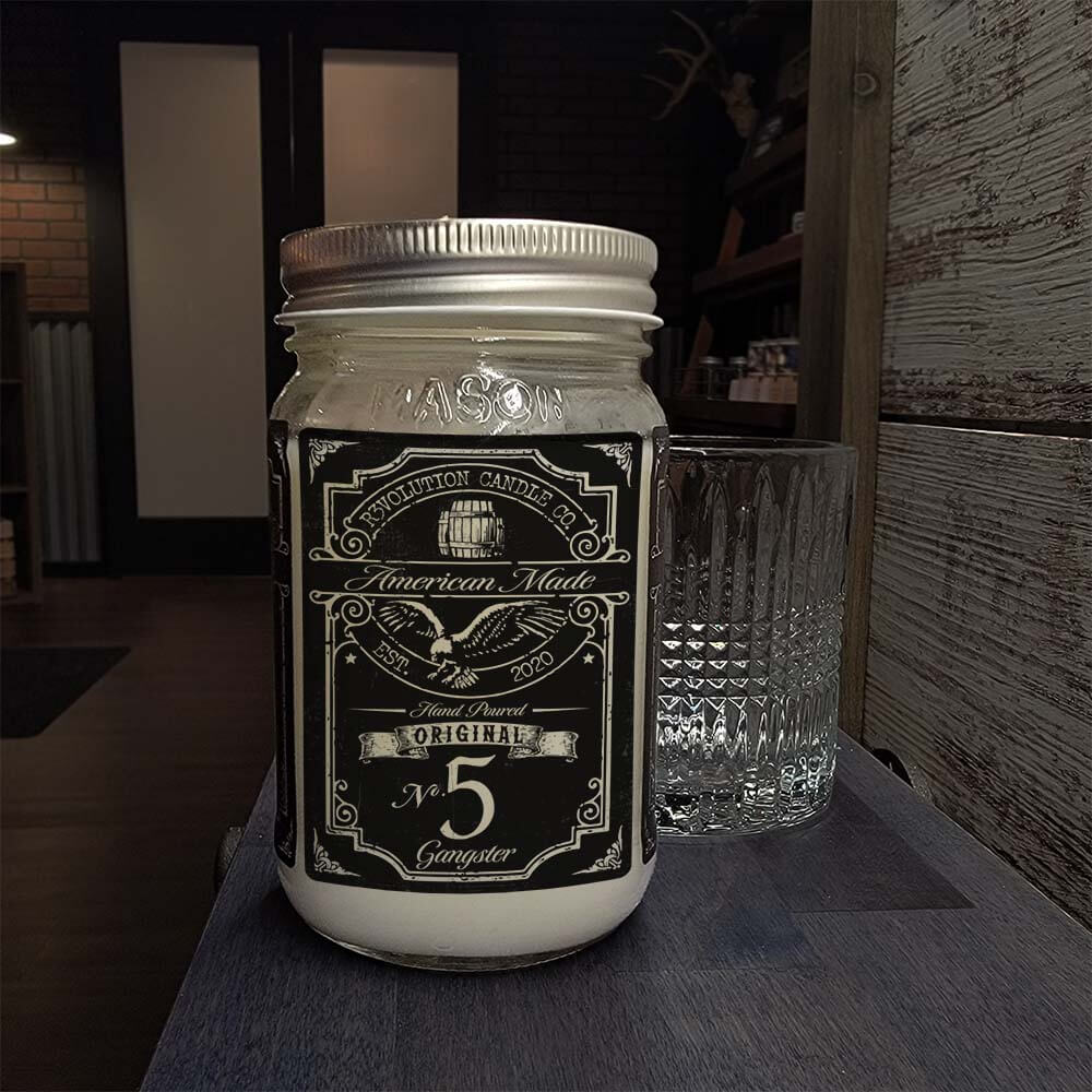 16oz Mason Jar Vintage Collection Candle - Gangster scent - Handcrafted in the USA-Prohibition Era inspired designs- whiskey type label