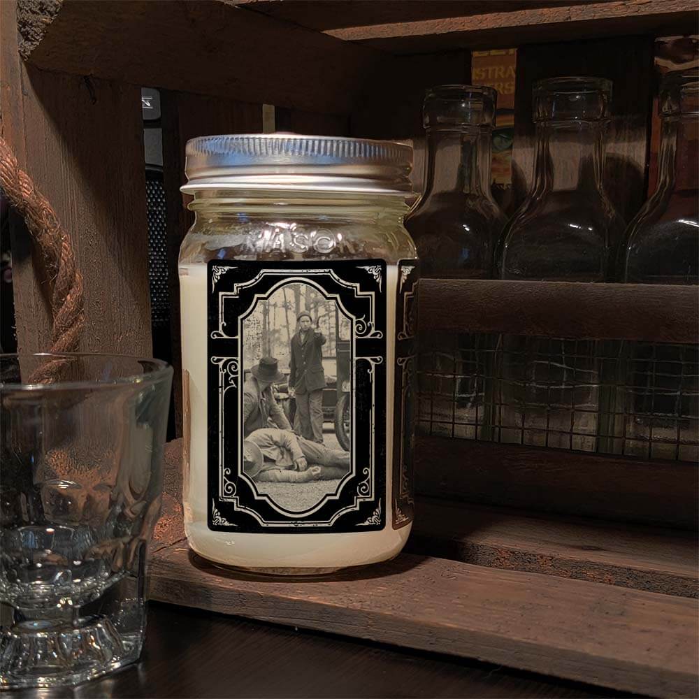 16oz Mason Jar Vintage Collection Candle - Moonshiner scent - Handcrafted in the USA-Prohibition Era inspired designs-side image moonshiners